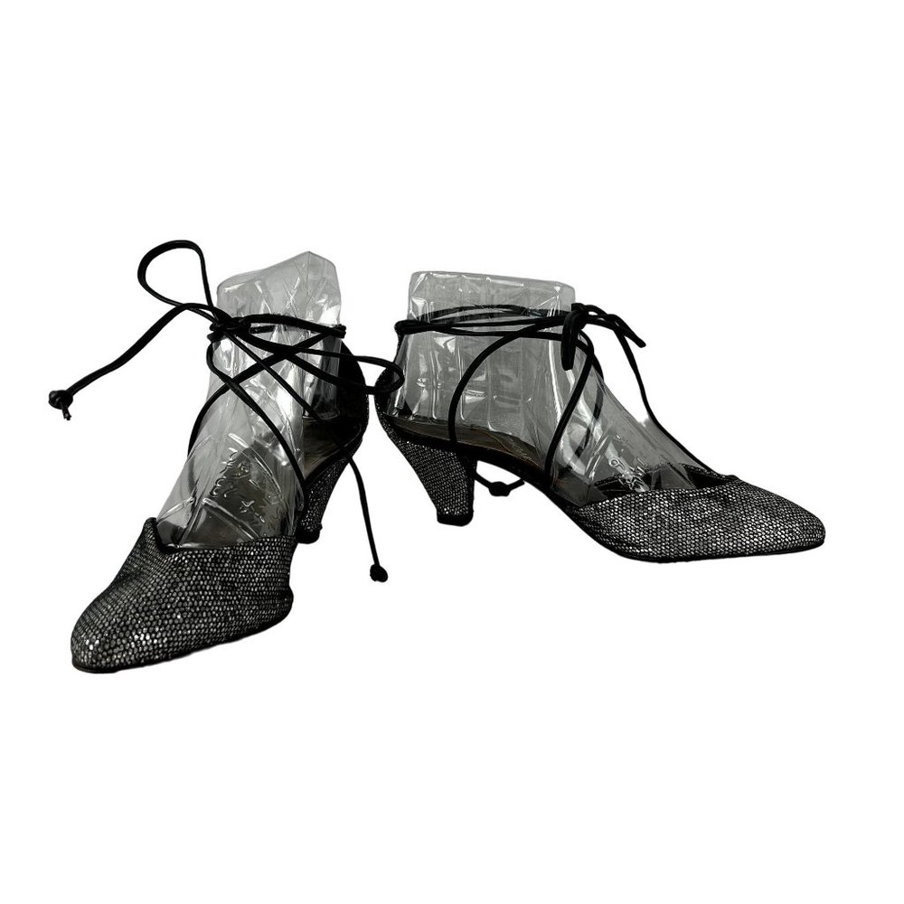 Vintage Joan & David Silver Tie Up Heels US 6 Black Silver Lace Up Metallic